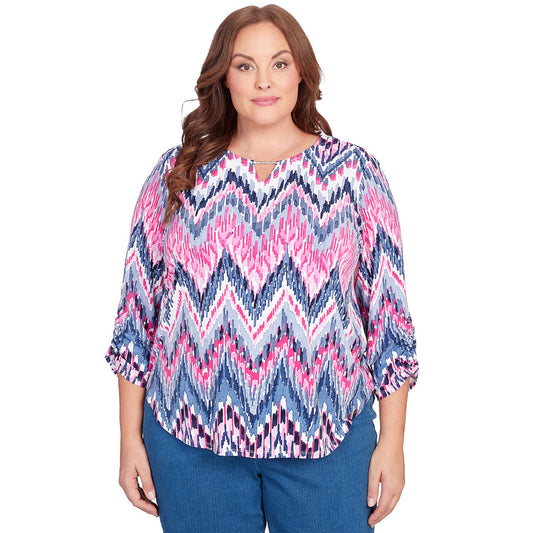 Alfred Dunner Women's Puff Print Ikat Chevron Split Neck Top