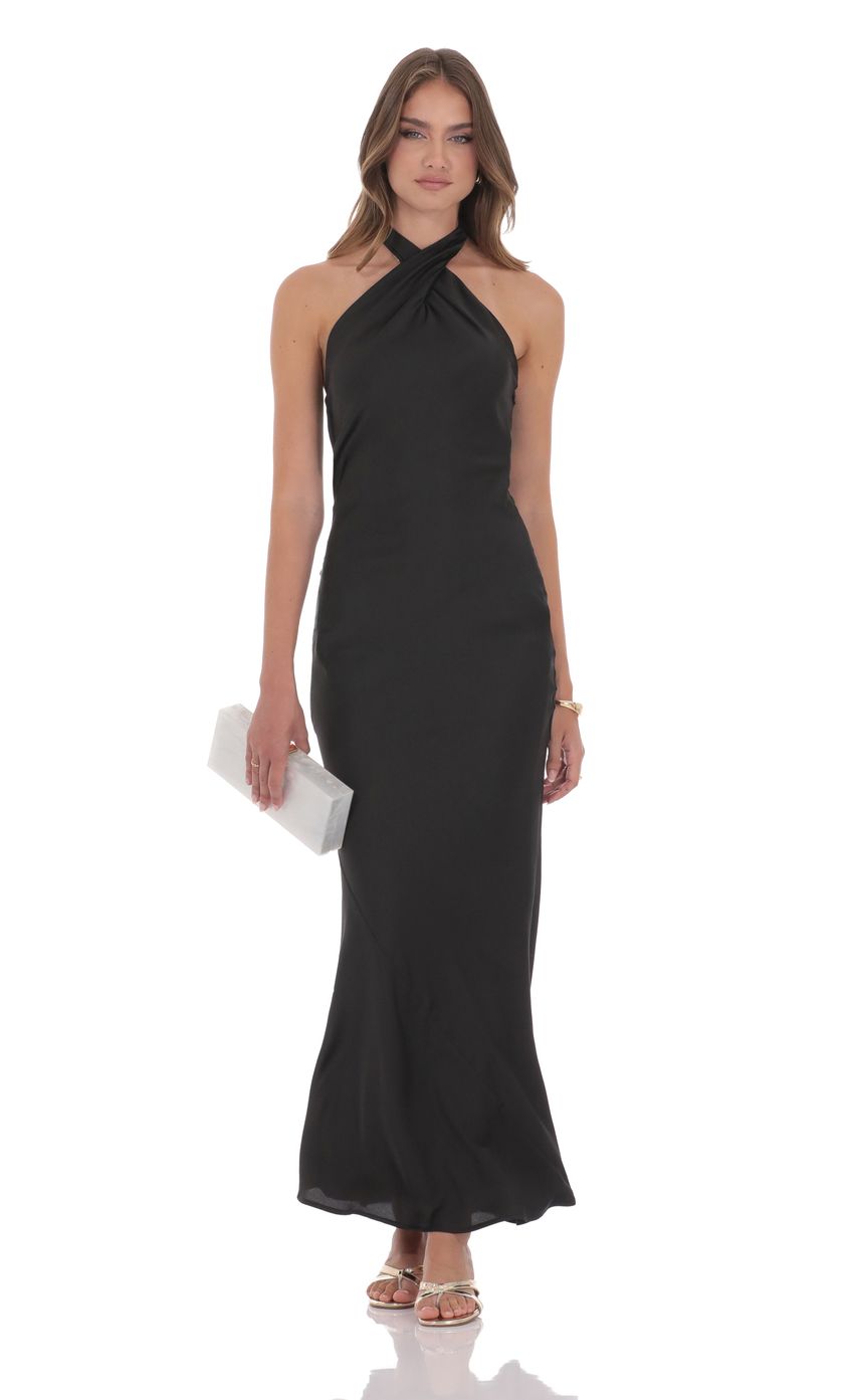 Lucy In The Sky Satin Cross Halter Maxi Dress in Black