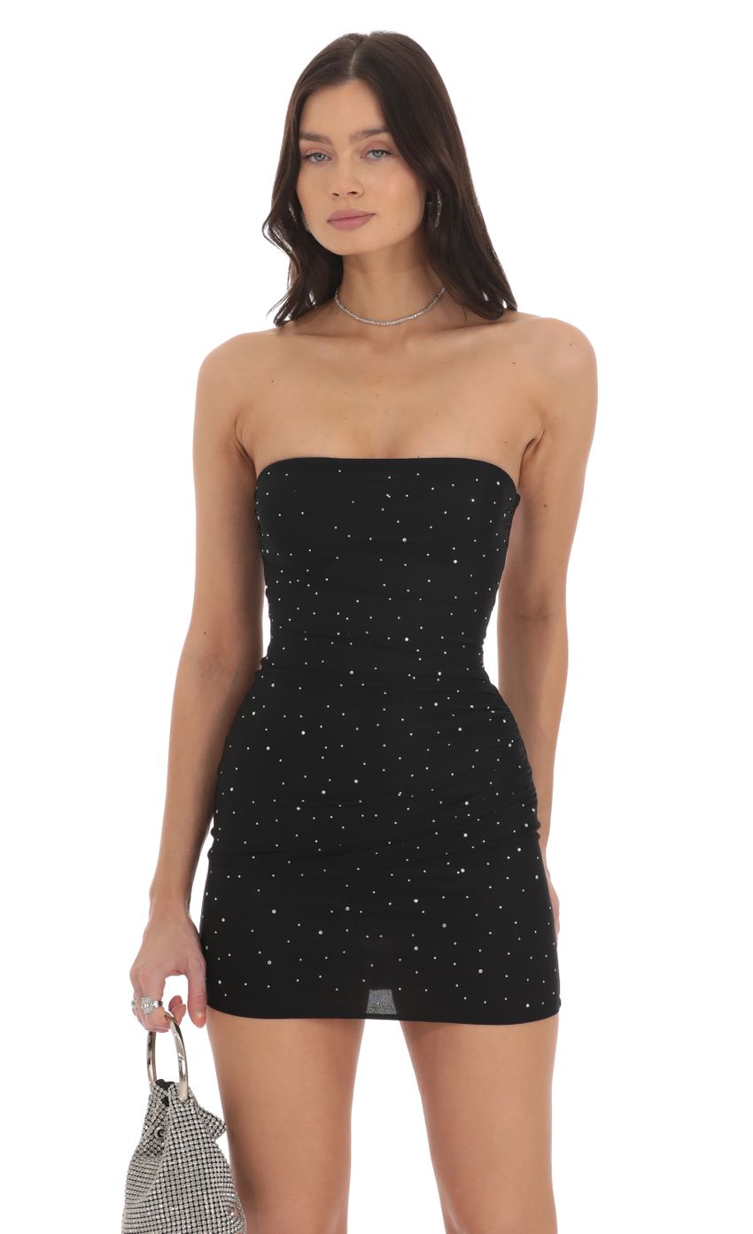 Lucy In The Sky Strapless Mesh Rhinestone Dress in Black