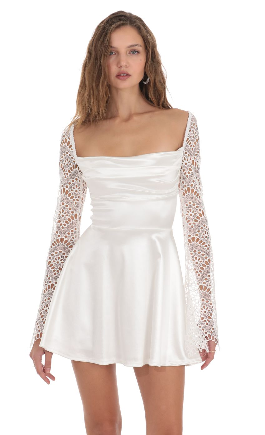 Lucy in the Sky Satin Eyelet Sleeve Dress in White