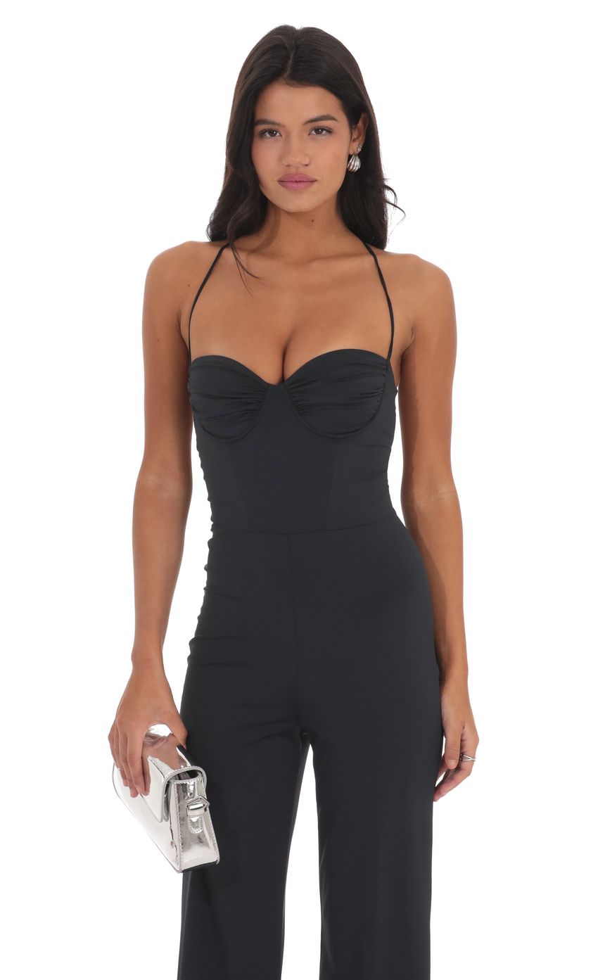 Lucy In The Sky Open Back Bodycon Jumpsuit in Black