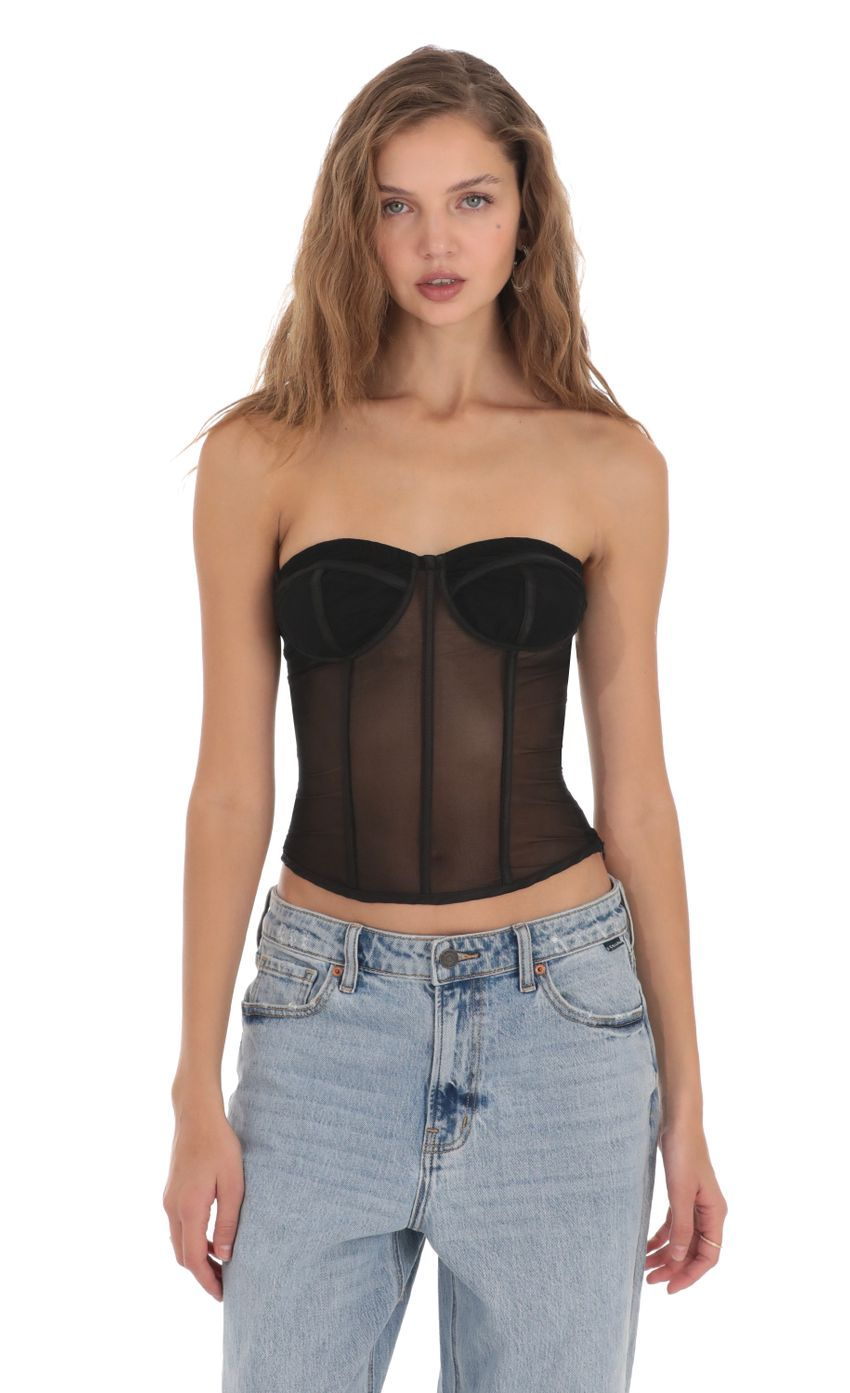 Lucy in the Sky Mesh Corset Strapless Top in Black