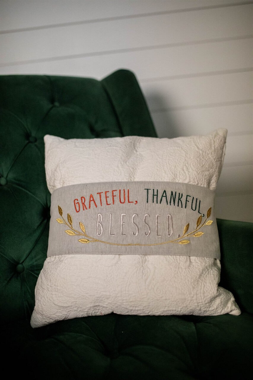 Decorator's Warehouse Fabric “Grateful, Thankful, Blessed" Pillow Wrap (16"L x 6"H)
