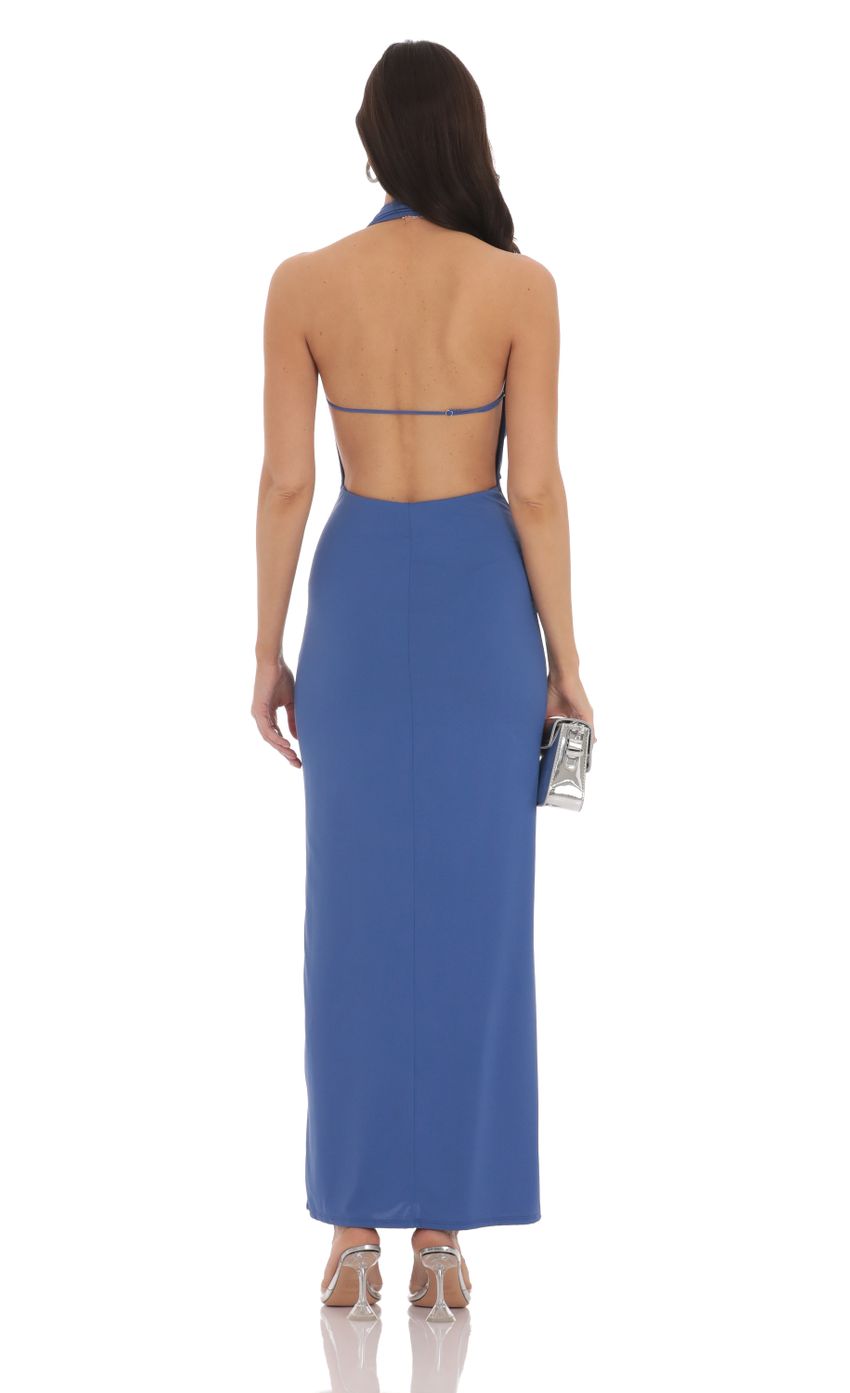 Lucy In The Sky Plunge Cowl Neck Halter Maxi Dress in Slate Blue