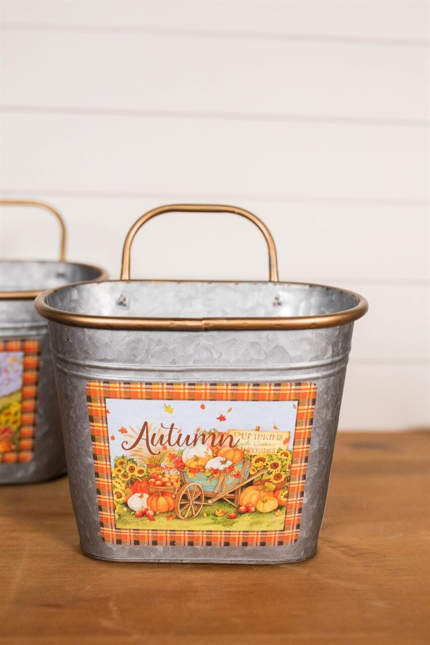 Decorator's Warehouse 12" Galvanized Metal Harvest Scene Wall Hanging Buckets - Set of 3
