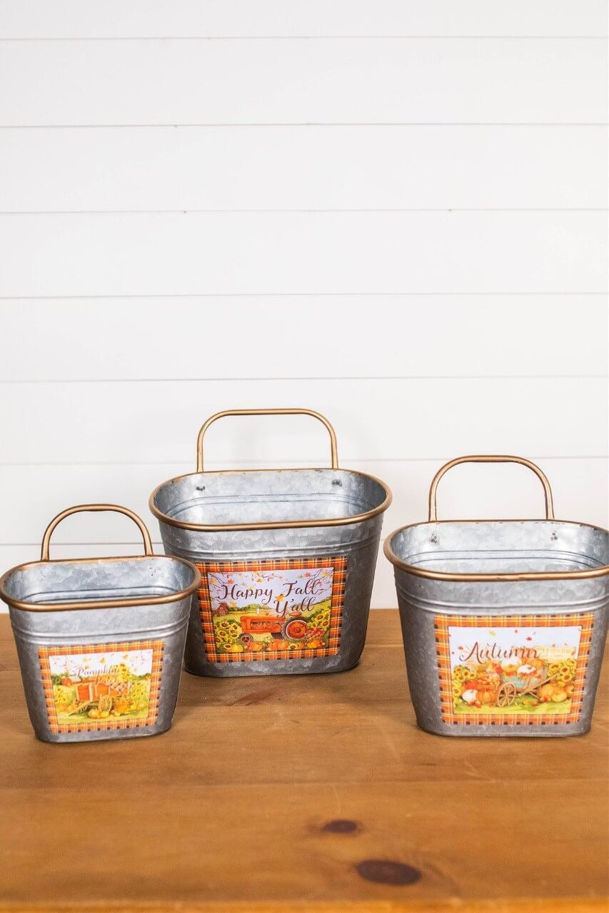 Decorator's Warehouse 12" Galvanized Metal Harvest Scene Wall Hanging Buckets - Set of 3