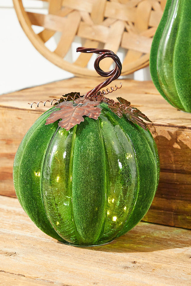 Decorator's Warehouse 12" Velvet & Glass Light Up Pumpkin - Green