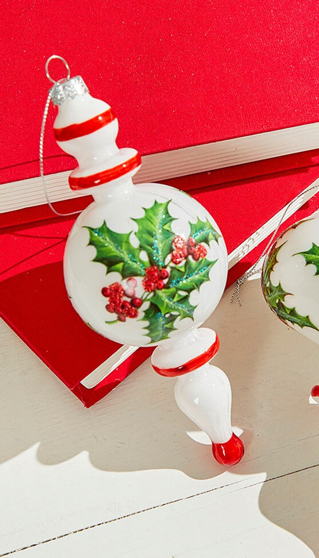 Decorator's Warehouse 8" White/Green/Red Milk Glass Holly Jewel Finial Ornament