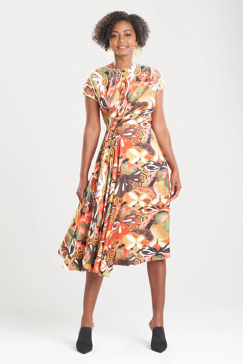Natori Ikebana Printed Cotton Silk Drape Dress