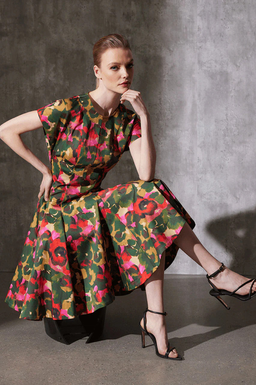 Natori Floral Fit & Flare Pleated Dress