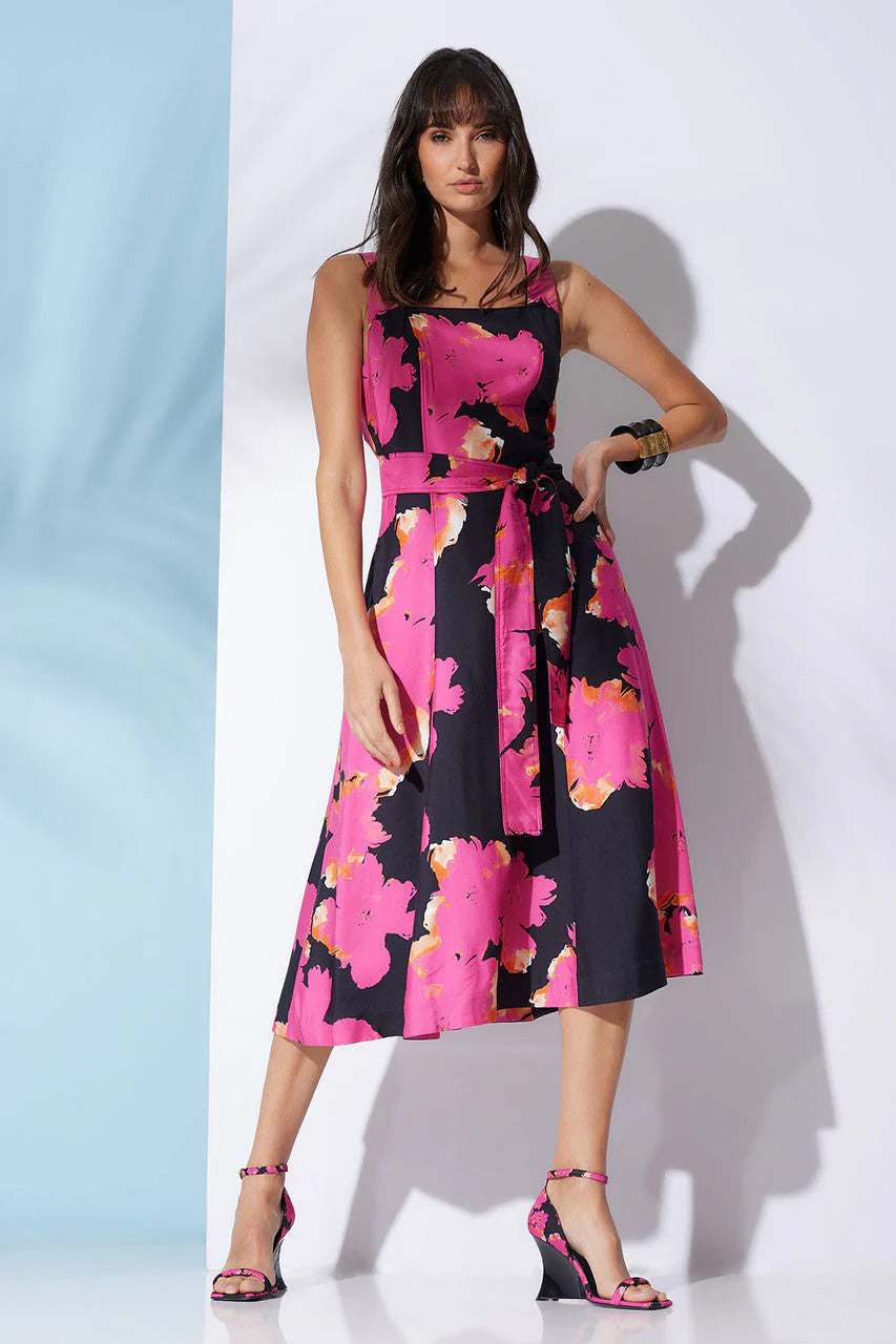 Natori Taichou Cotton Silk Square Tank Midi Belted Dress