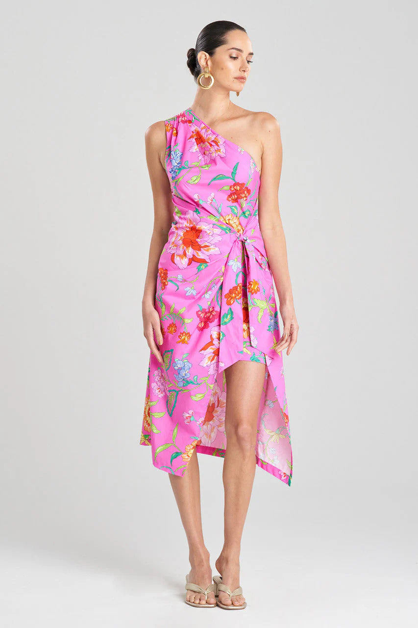 Natori Junko Cotton Poplin Beaded Asymmetrical Drape Dress