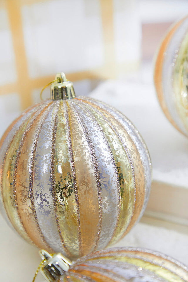 Decorator's Warehouse 4" Gold/Silver Stripe Mercury Ball Ornament Box - Set of 4