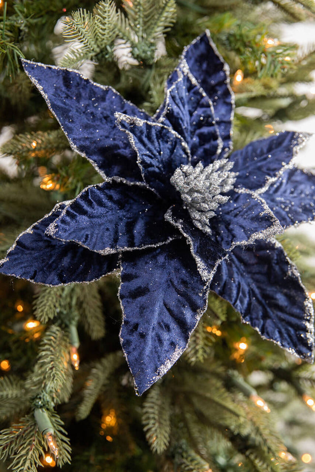Decorator's Warehouse 24” x 12.5" Navy Glitter Edge Velvet Poinsettia Stem