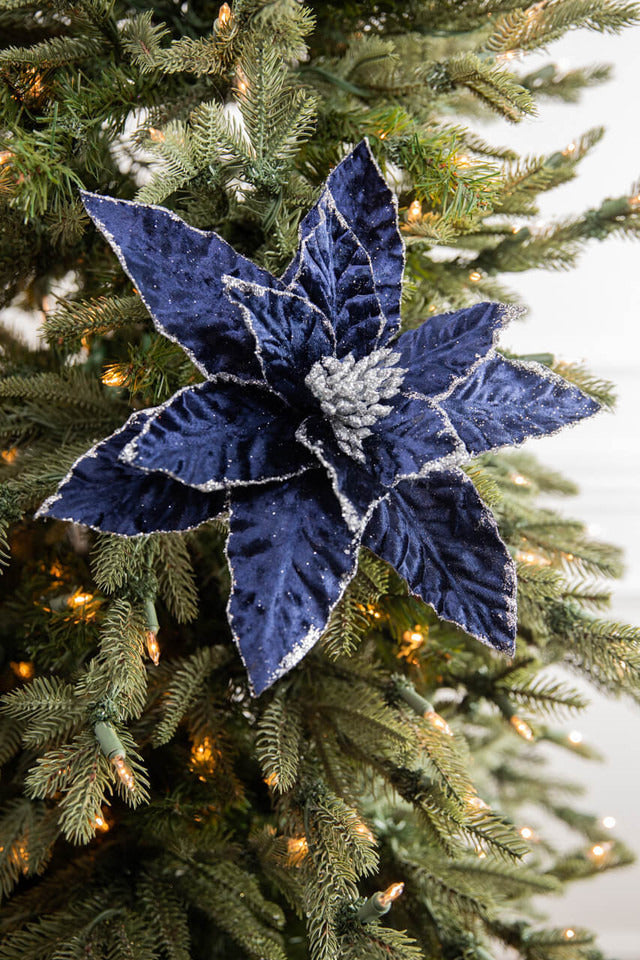 Decorator's Warehouse 24” x 12.5" Navy Glitter Edge Velvet Poinsettia Stem
