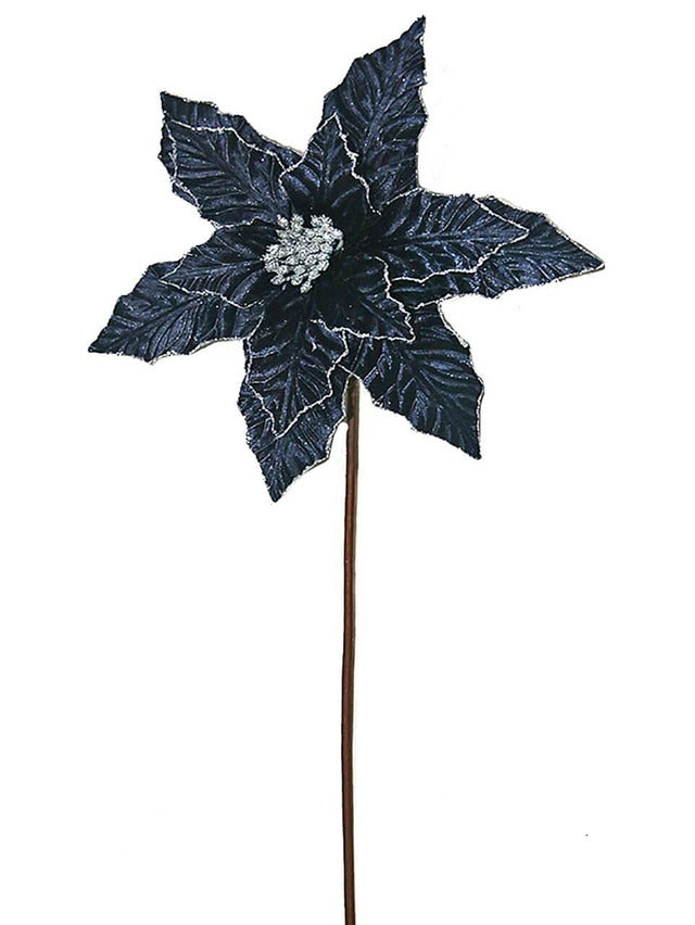 Decorator's Warehouse 24” x 12.5" Navy Glitter Edge Velvet Poinsettia Stem