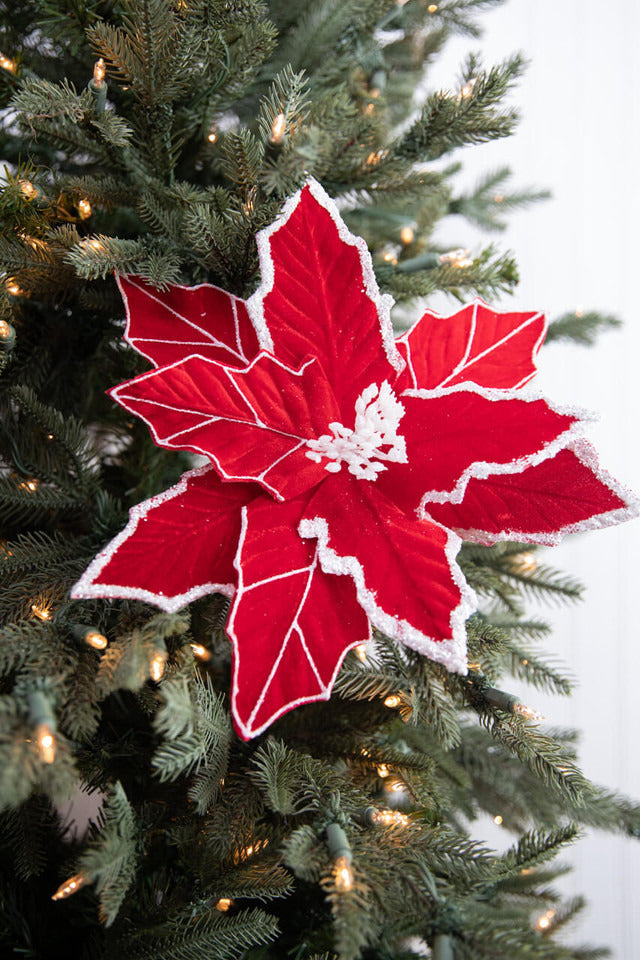 Decorator's Warehouse 22” x 13" Red/White Velvet Glitter Poinsettia