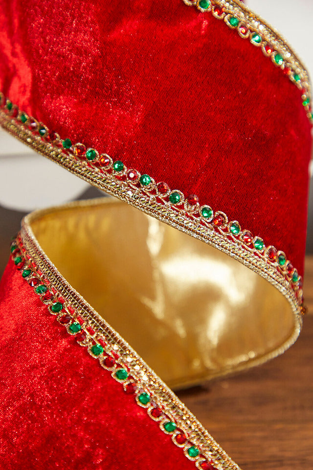 Decorator's Warehouse 4" x 5 Yard Red Velvet Jeweled Edge Dupioni Backed Ribbon