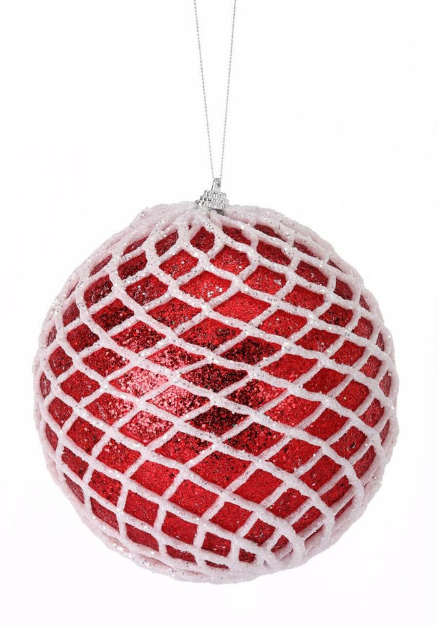 Decorator's Warehouse 6” Glittered 2 Tone Net Ball Christmas Ornaments - Red/White