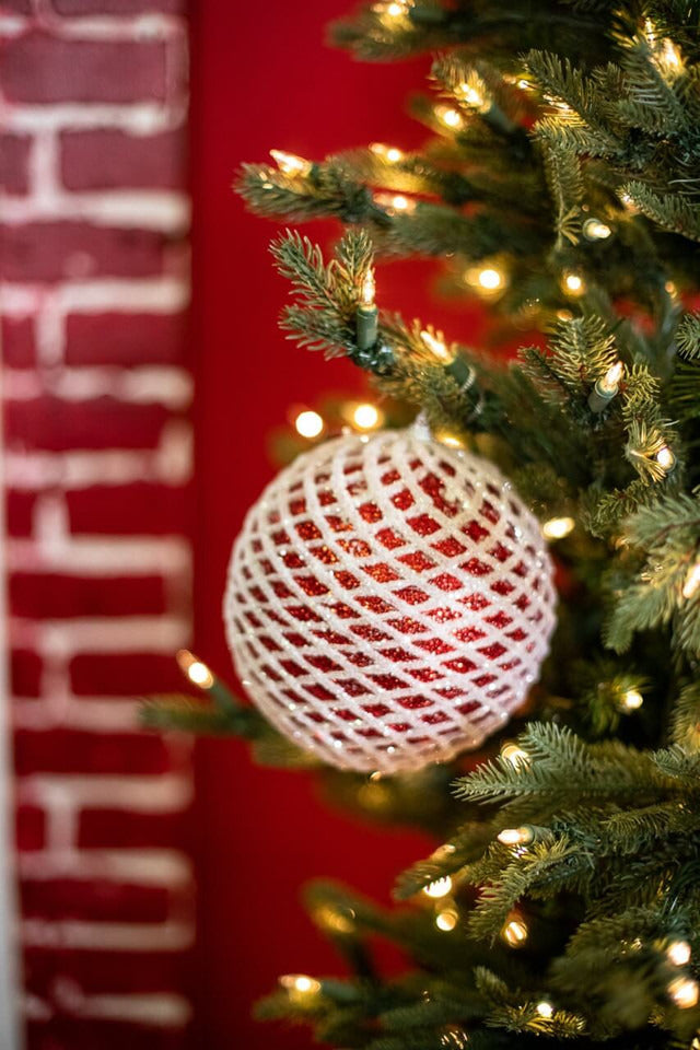 Decorator's Warehouse 6” Glittered 2 Tone Net Ball Christmas Ornaments - Red/White