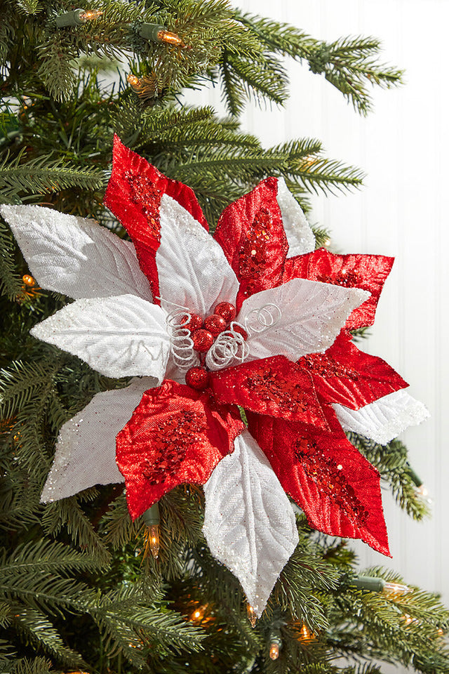 Decorator's Warehouse 22" x 10" Red and White with Glitter Poinsettia Stem