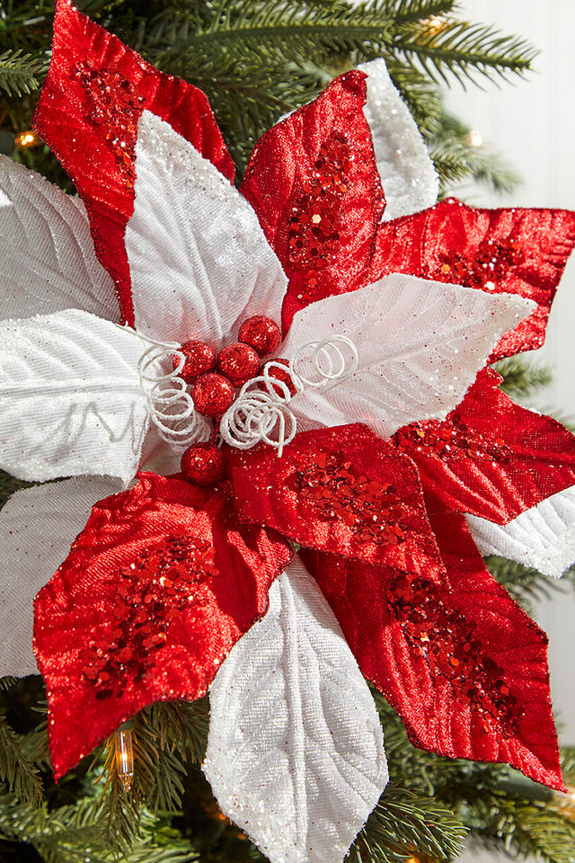 Decorator's Warehouse 22" x 10" Red and White with Glitter Poinsettia Stem