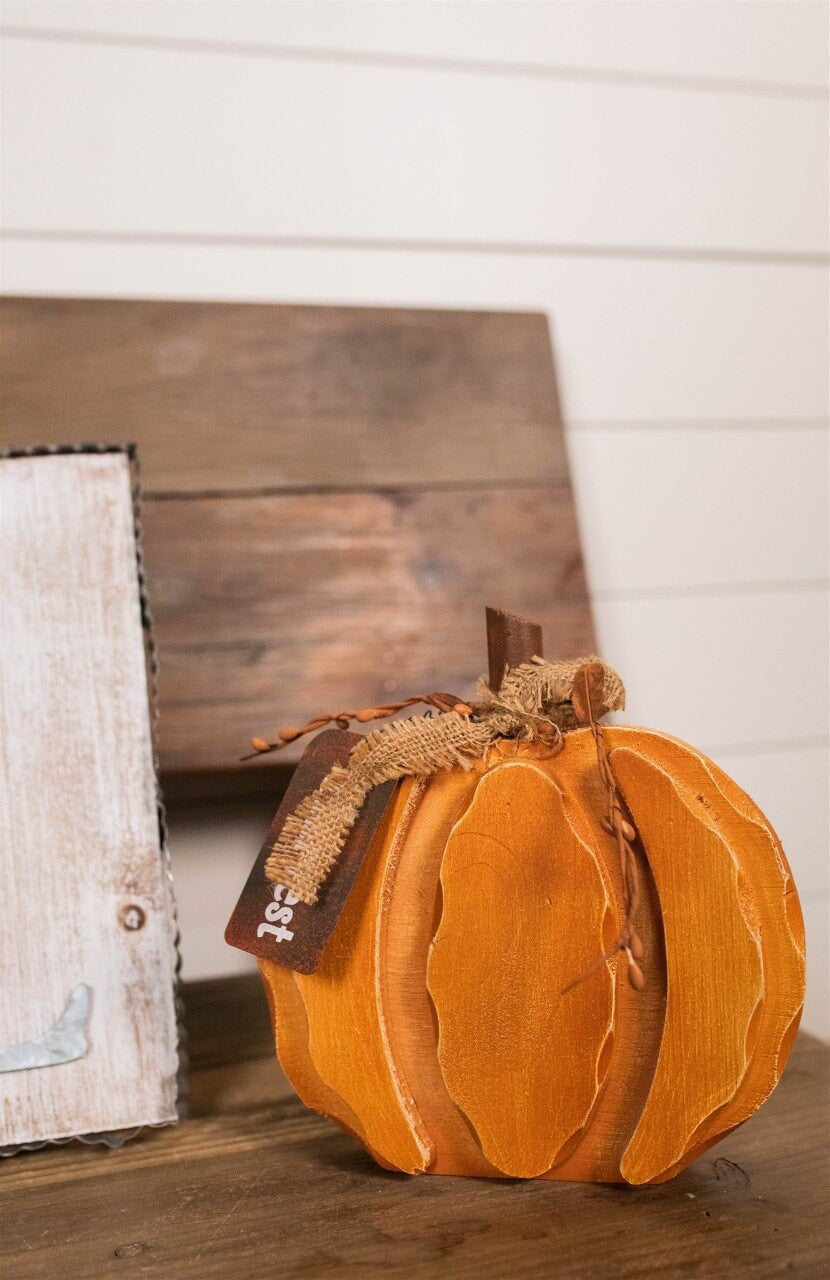 Decorator's Warehouse 8” Wood Harvest Pumpkin with Burlap Bow and Berry Accents