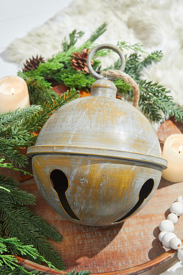Decorator's Warehouse 9” x 11.5” Large Antique Finish Metal Jingle Bell with Rope