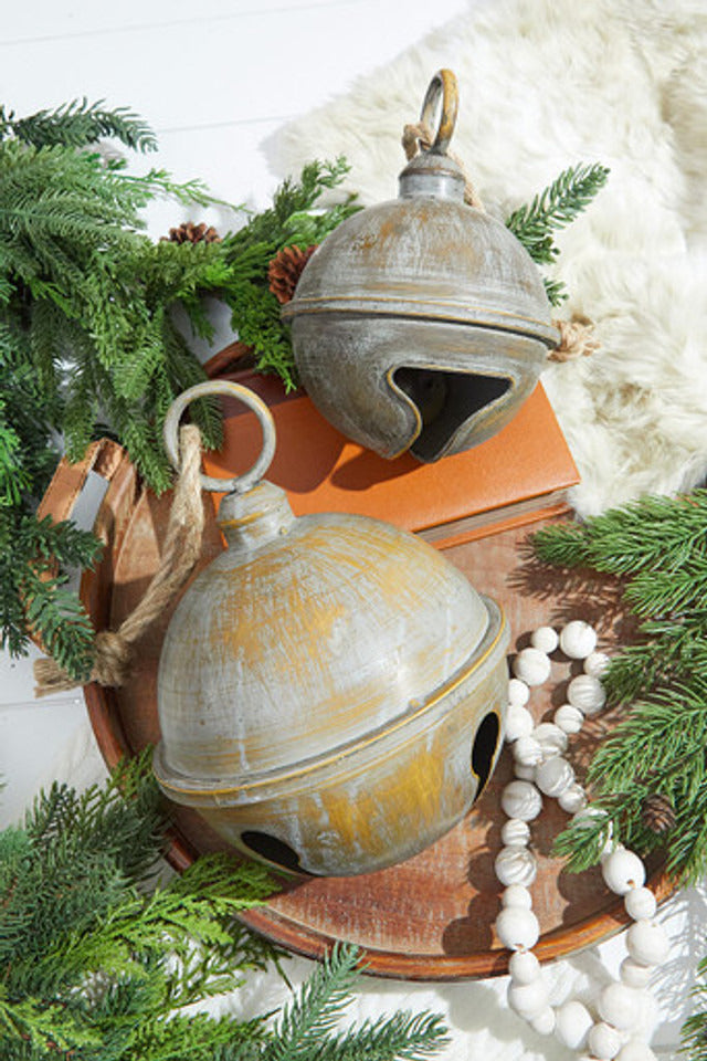 Decorator's Warehouse 9” x 11.5” Large Antique Finish Metal Jingle Bell with Rope