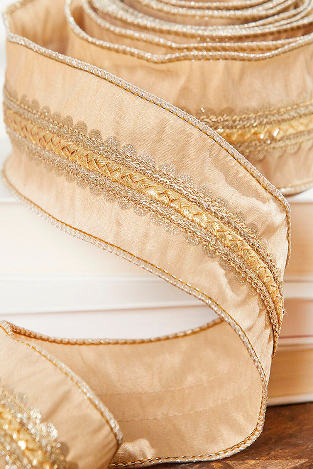 Decorator's Warehouse 2.5” x 5 Yard Scalloped Braid Dupion Ribbon - Champagne