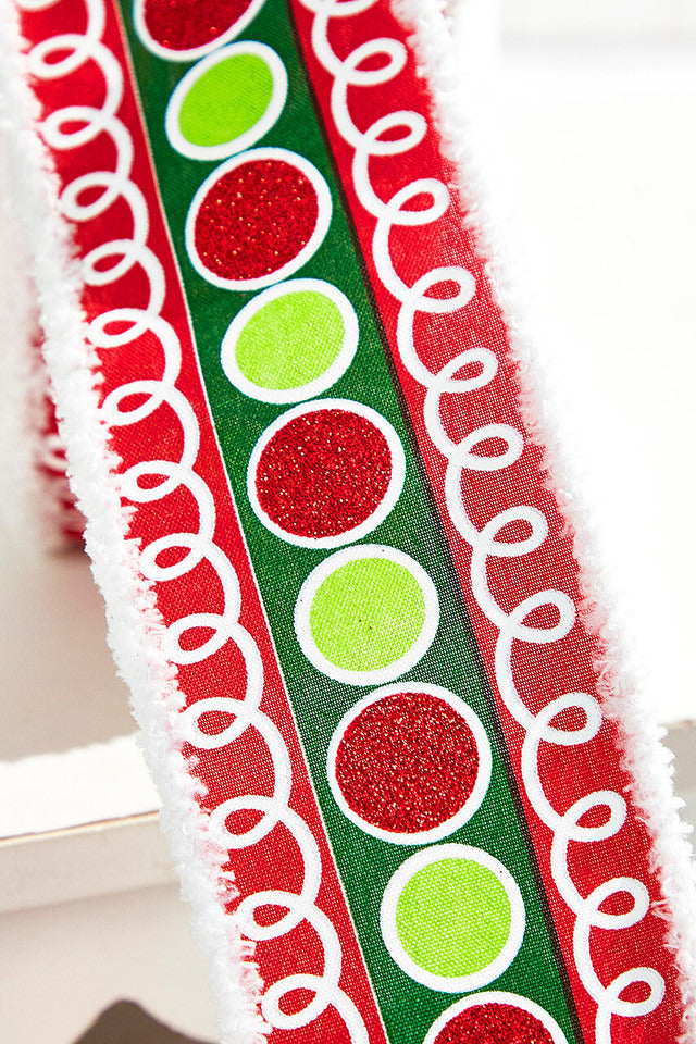 Decorator's Warehouse 2.5" x 10 Yard Stripe Glitter Circle Drift Ribbon — Red/Green