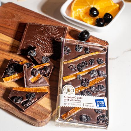 Dorothy Lane Wildwood Chocolate Orange Confit and Cherries Chocolate Bar - 90 grams