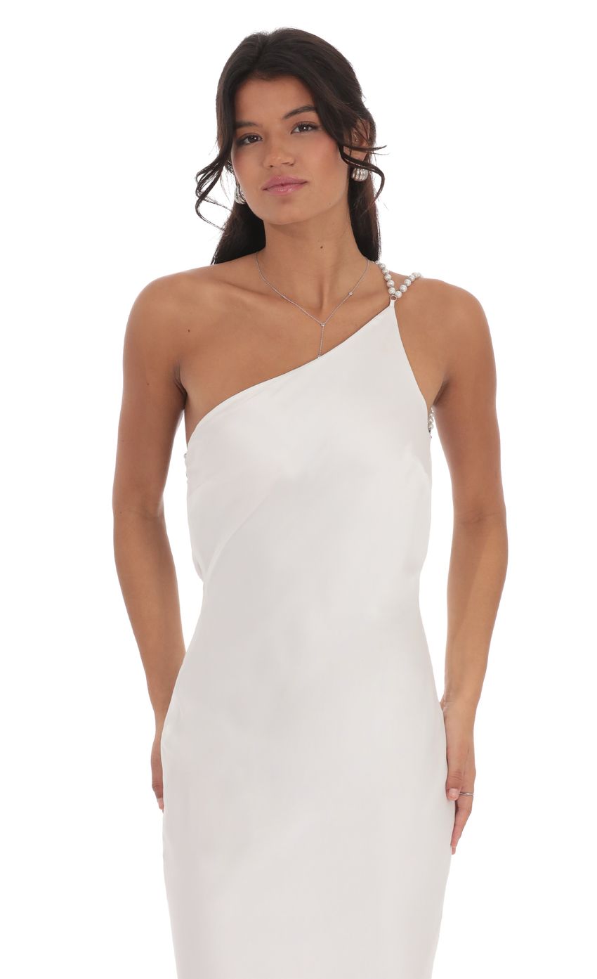 Lucy In The Sky One Shoulder Pearl Satin Maxi Dress in White