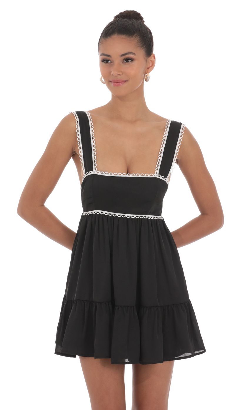 Lucy In The Sky Embroidered Trim Babydoll Dress in Black