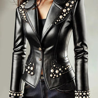 Ursime Lapel Collar Two Button Pearl Decor PU Leather Jacket