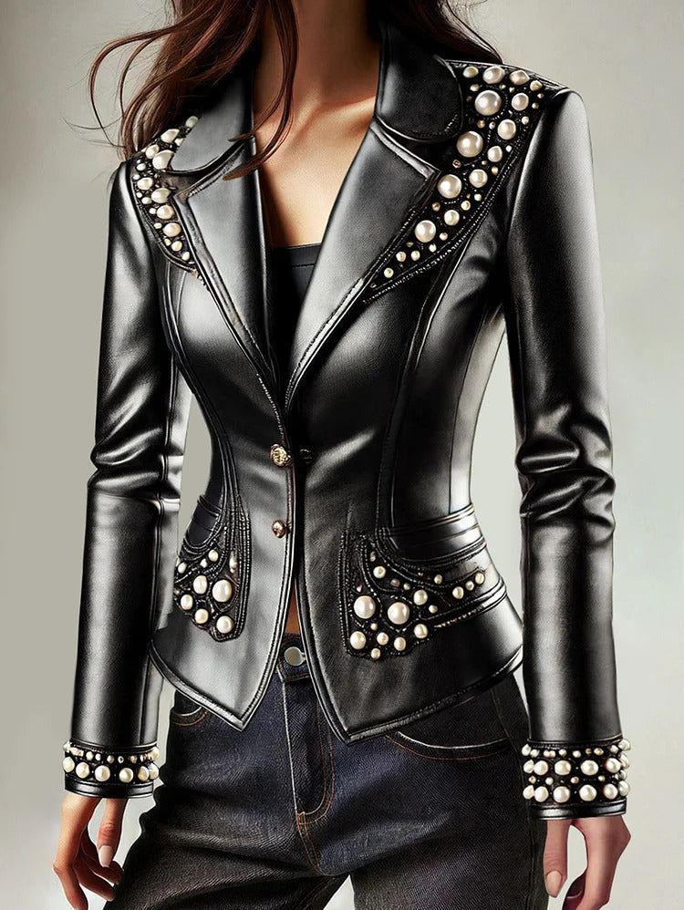 Ursime Lapel Collar Two Button Pearl Decor PU Leather Jacket