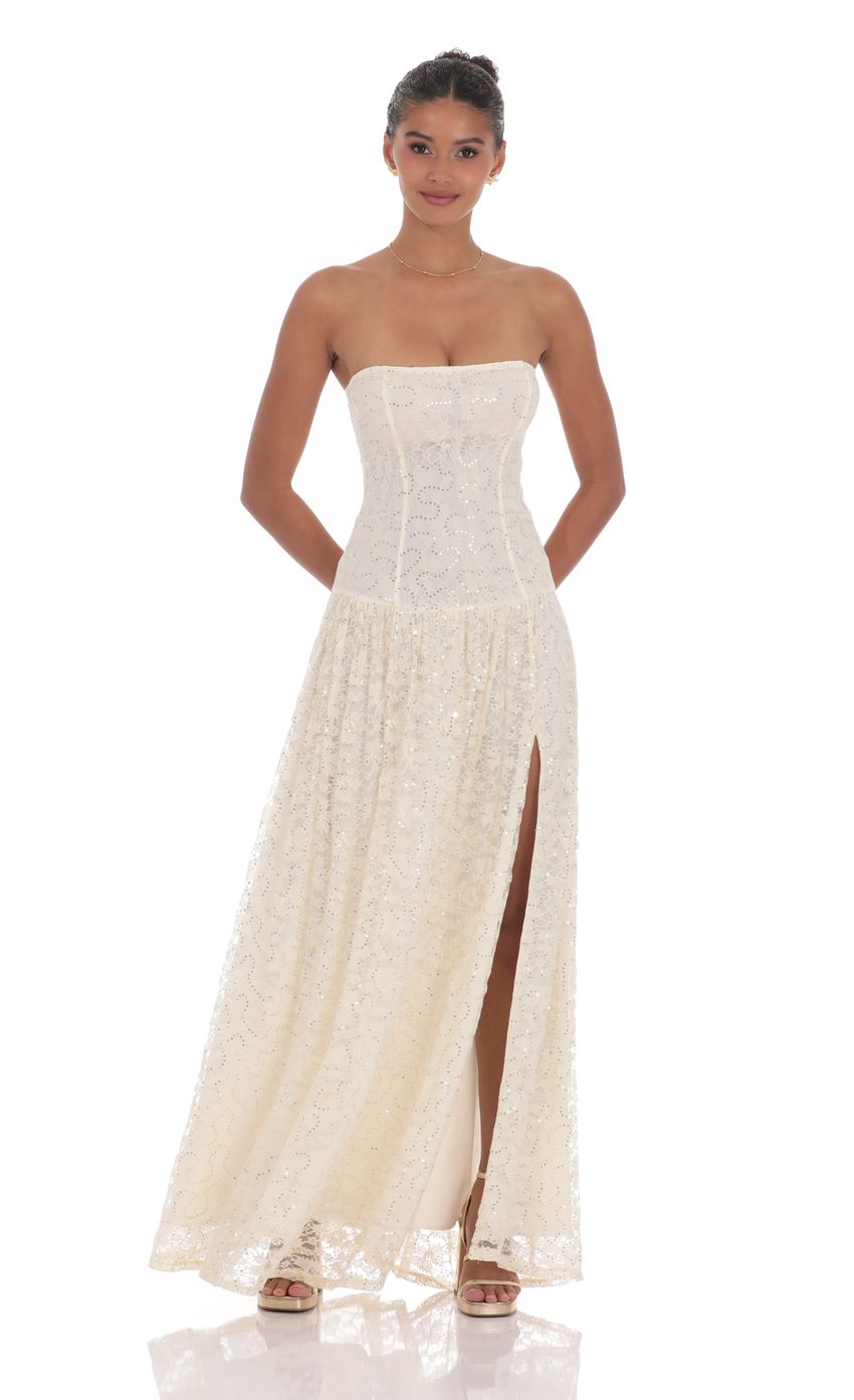 Lucy In The Sky Lace Sequin Drop Waist Maxi Dress in Cream