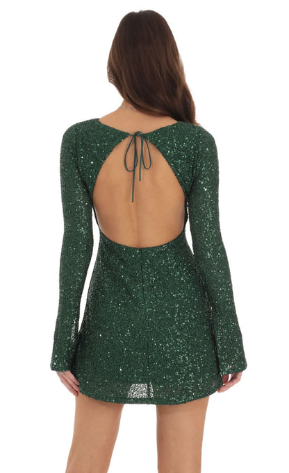 Lucy In The Sky Sequin Long Sleeve Open Back Dress in Green