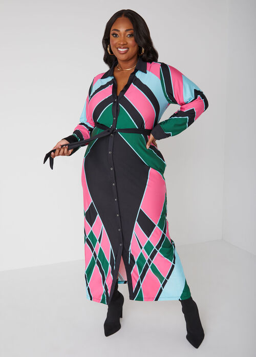 Ashley Stewart Belted Colorblock Maxi Shirtdress