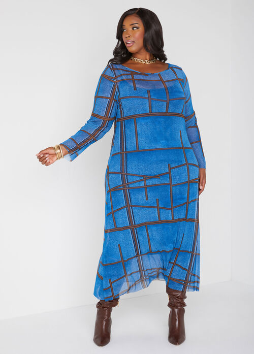 Ashley Stewart Denim Print Mesh Maxi Dress