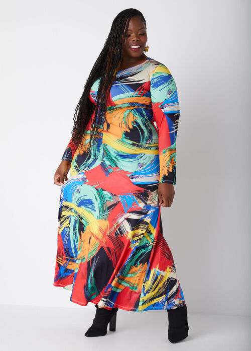 Ashley Stewart Ruched Printed Keyhole Maxi Dress