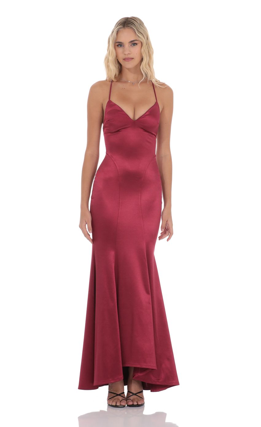 Lucy In The Sky Satin Open Back Mermaid Maxi Dress in Maroon