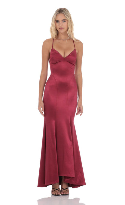 Lucy In The Sky Satin Open Back Mermaid Maxi Dress in Maroon