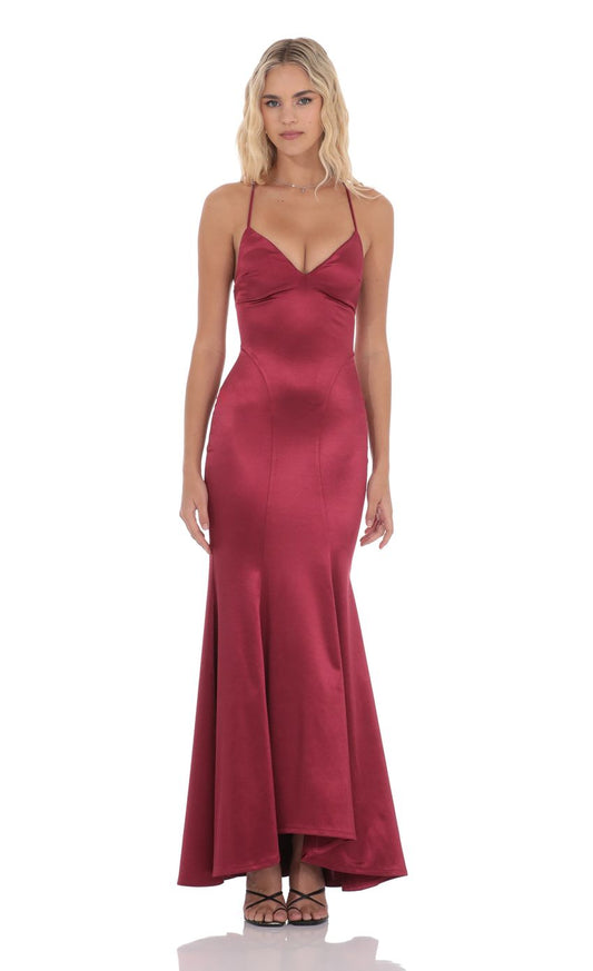 Lucy In The Sky Satin Open Back Mermaid Maxi Dress in Maroon