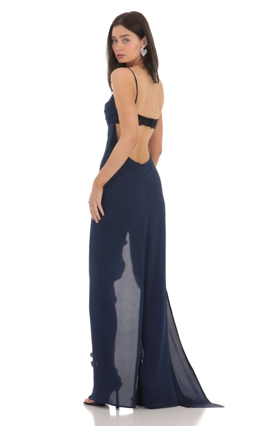 Lucy In The Sky Cowl Neck Satin Open Back Maxi Dress in Navy