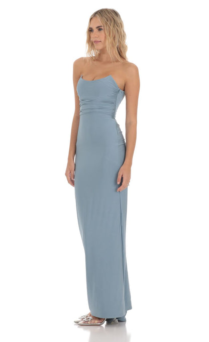 Lucy in the Sky Strapless Corset Sequin Butterfly Maxi Dress in Blue