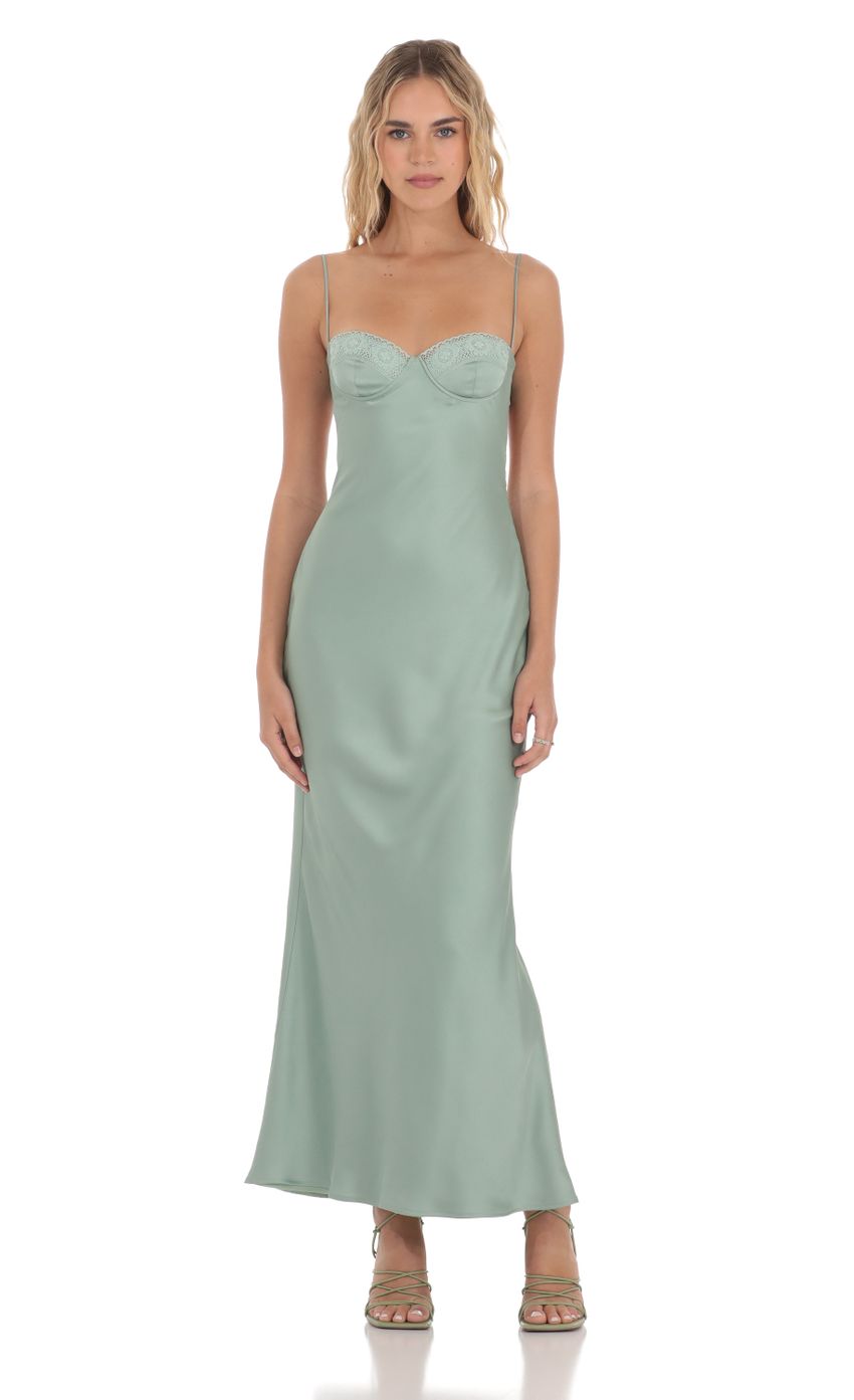 Lucy In The Sky Satin Sweetheart Neck Maxi Dress in Sage Green