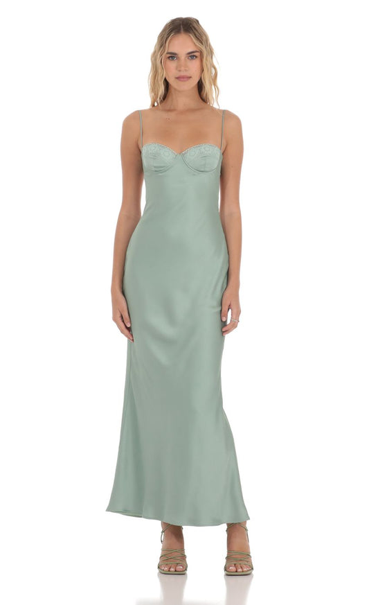 Lucy In The Sky Satin Sweetheart Neck Maxi Dress in Sage Green