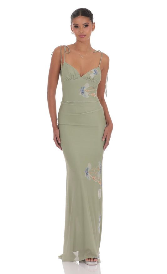 Lucy in the Sky Floral Back Ruffle Maxi Dress in Sage