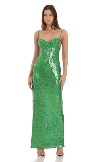 Lucy In The Sky Sequin Open Back Maxi Dress in Green